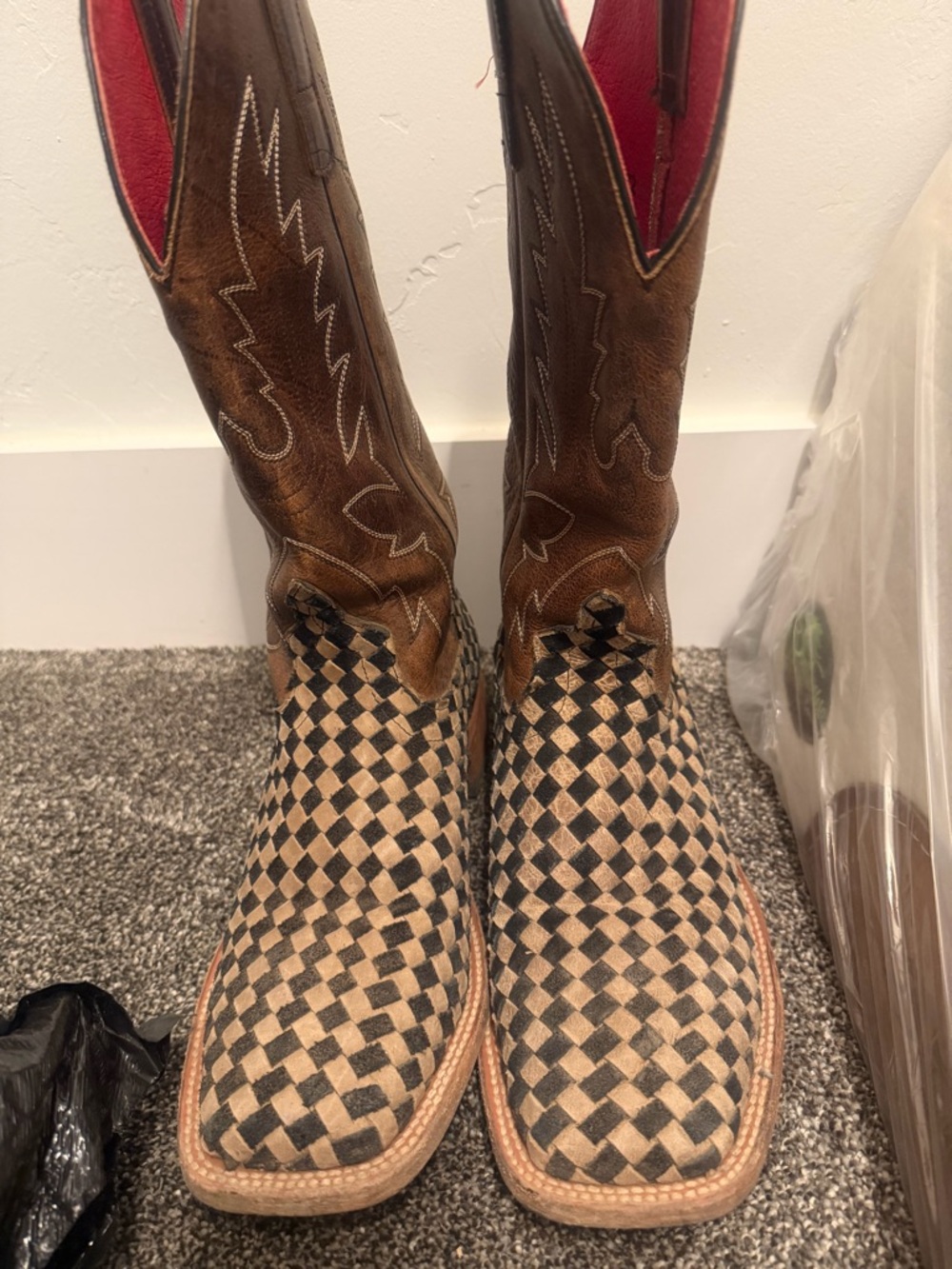 Acne Brown Leather Cowboy Boots with Black-and-Tan Checker Vamp